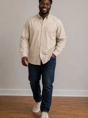 Hill City Men's Long Sleeve Tan Button Down Shirt, Size XL